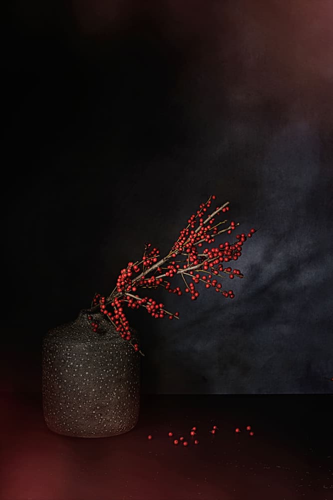 Crimson Berries In Vase by Saskia Dingemans — canvas wall art