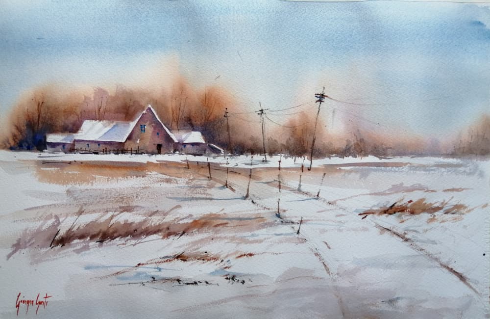 Snowy Winter Farm by Giorgio Gosti — canvas wall art
