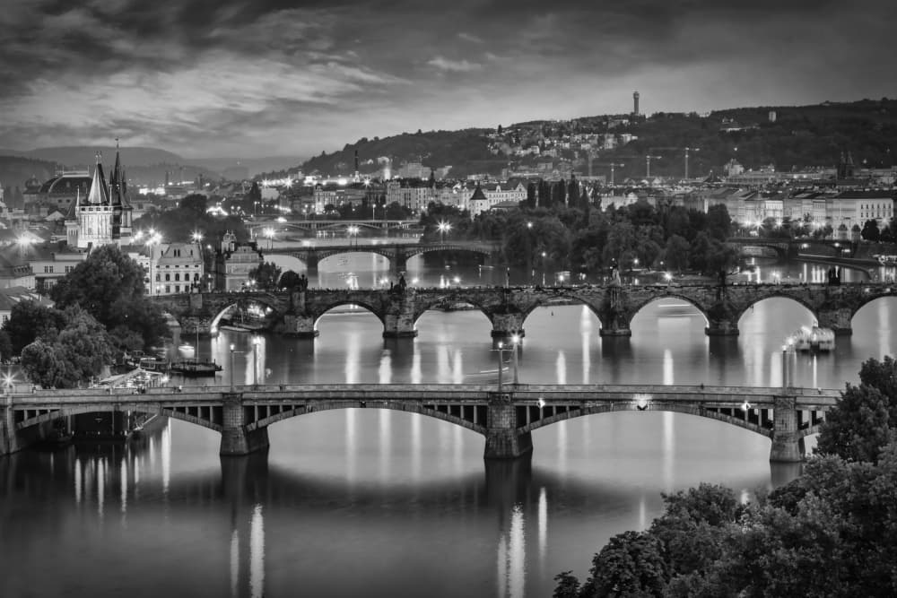 Prague Night Bridges by Melanie Viola — canvas wall art