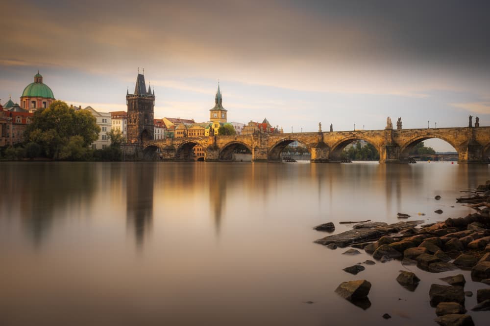 Charles Bridge Twilight Reflections by Rico Cavallo — canvas wall art