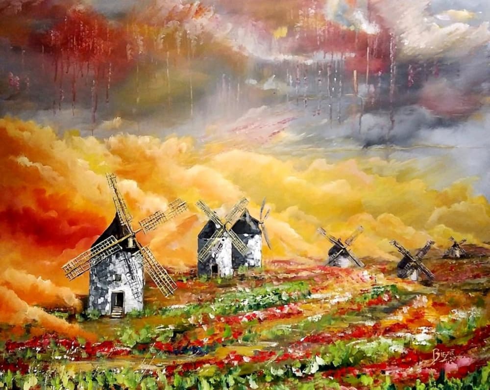 Windmills Over Fiery Fields by Anda Bieza — canvas wall art