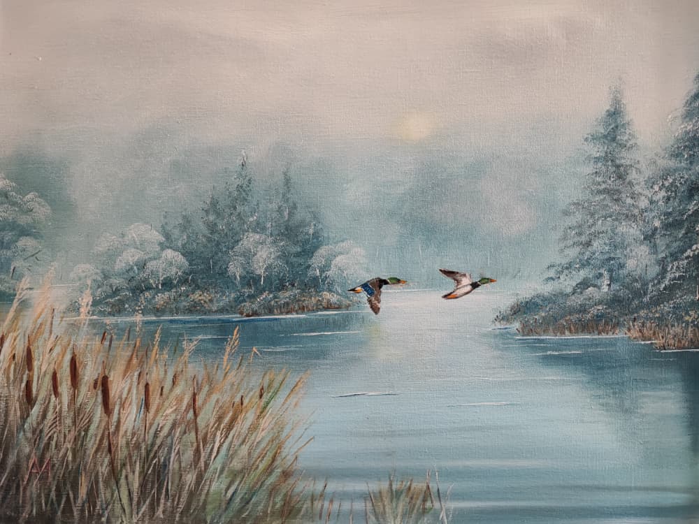Ducks Over Winter Lake by Annette Armitage — canvas wall art