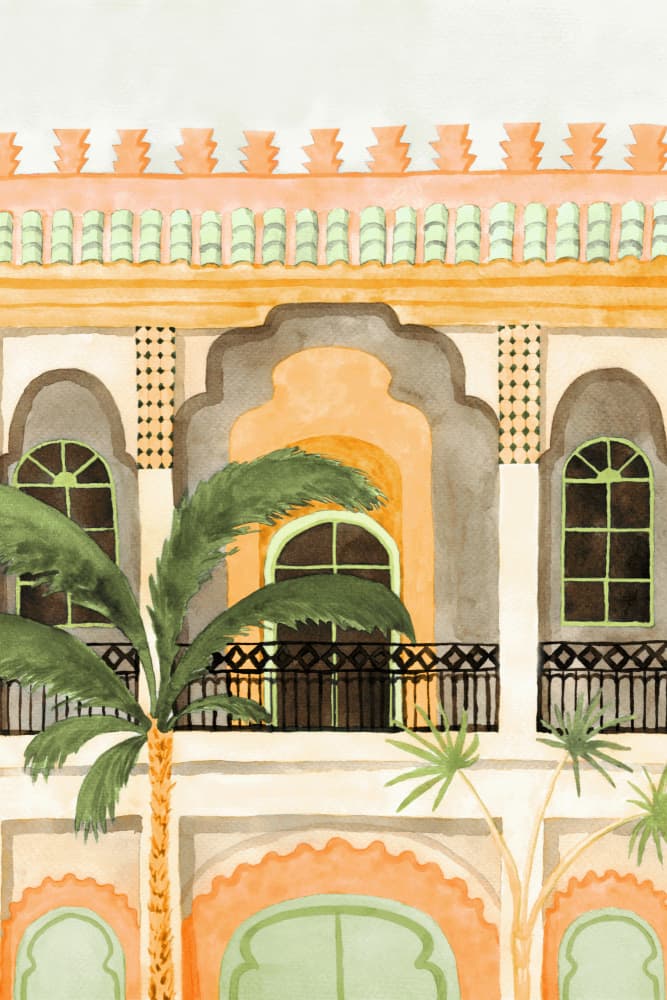 Moroccan Building with Palms by Karen Menzenbach — canvas wall art