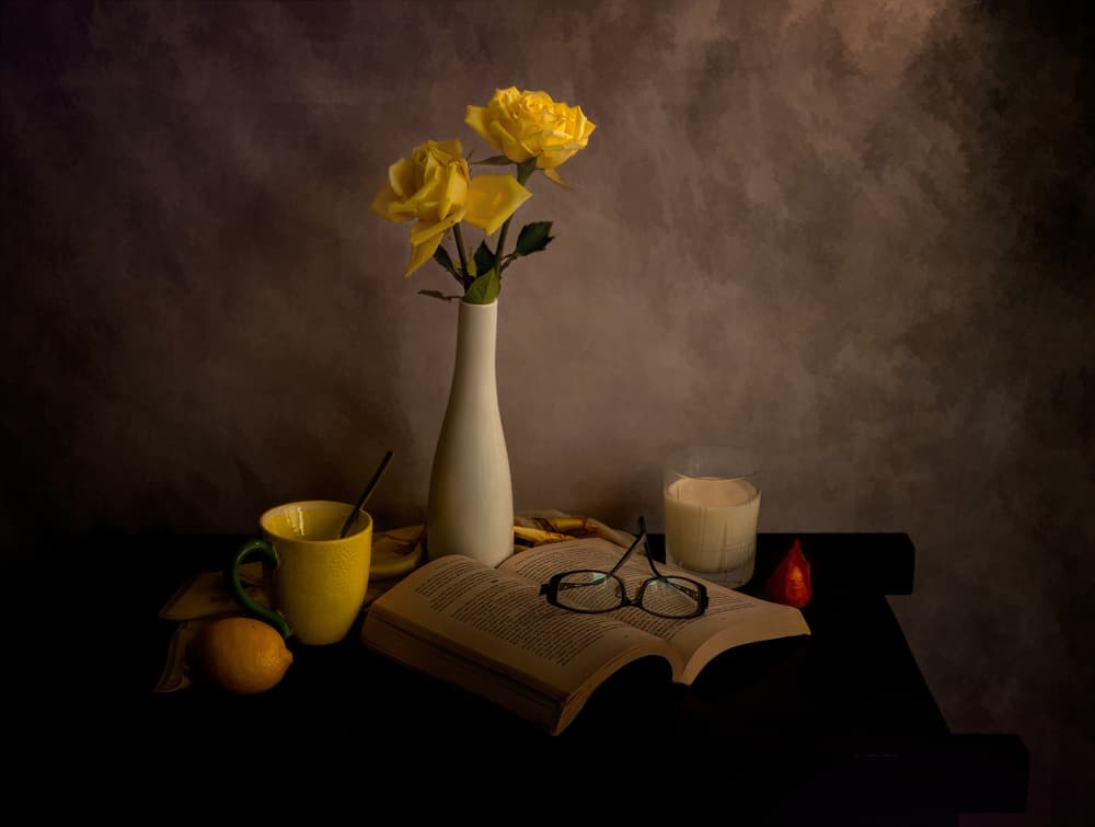 Yellow Roses Quiet Reading by Jie Fischer — canvas wall art