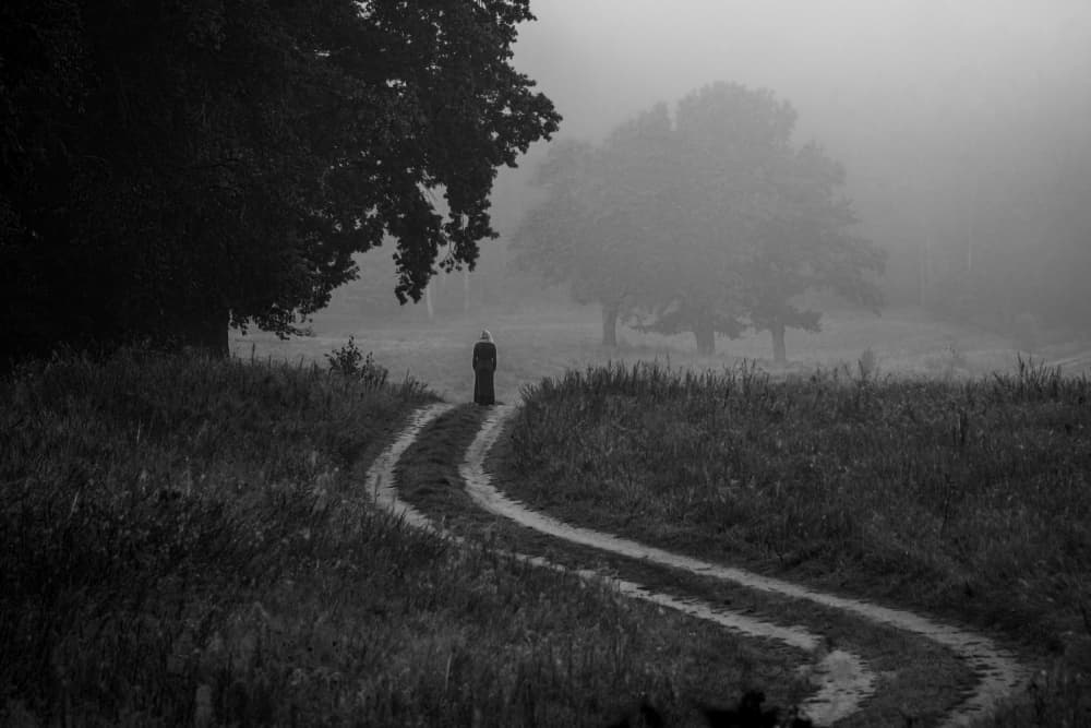 Lone Figure Misty Path by Leszek Paradowski — canvas wall art