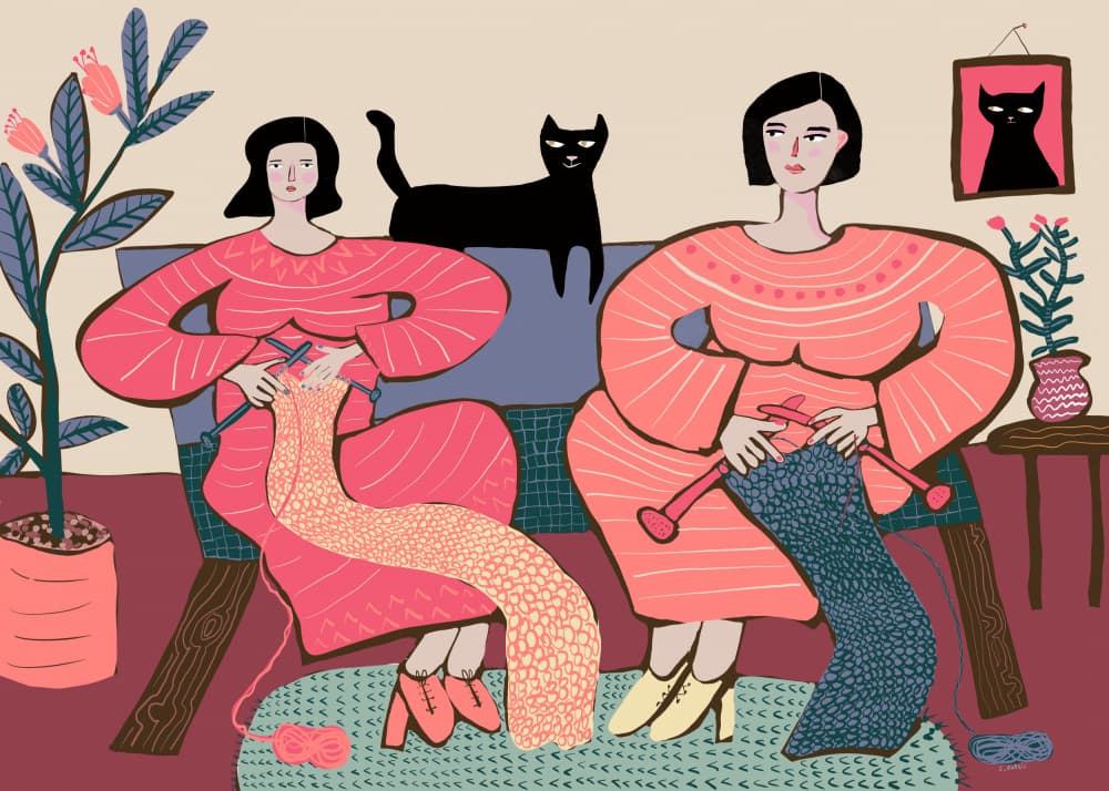Cozy Knitting Companions by Sharyn Bursic — canvas wall art