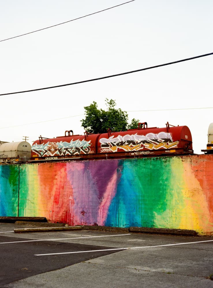 Rainbow Graffiti Trains by Bethany Young — canvas wall art