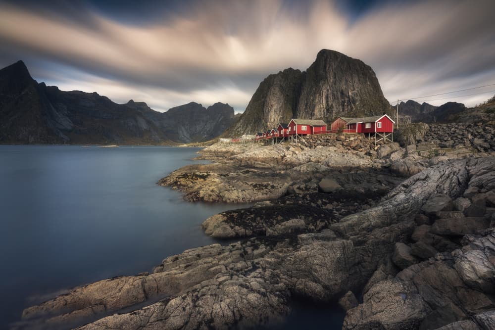 Nordic Fjord Red Cabins by Adam Pachula — canvas wall art