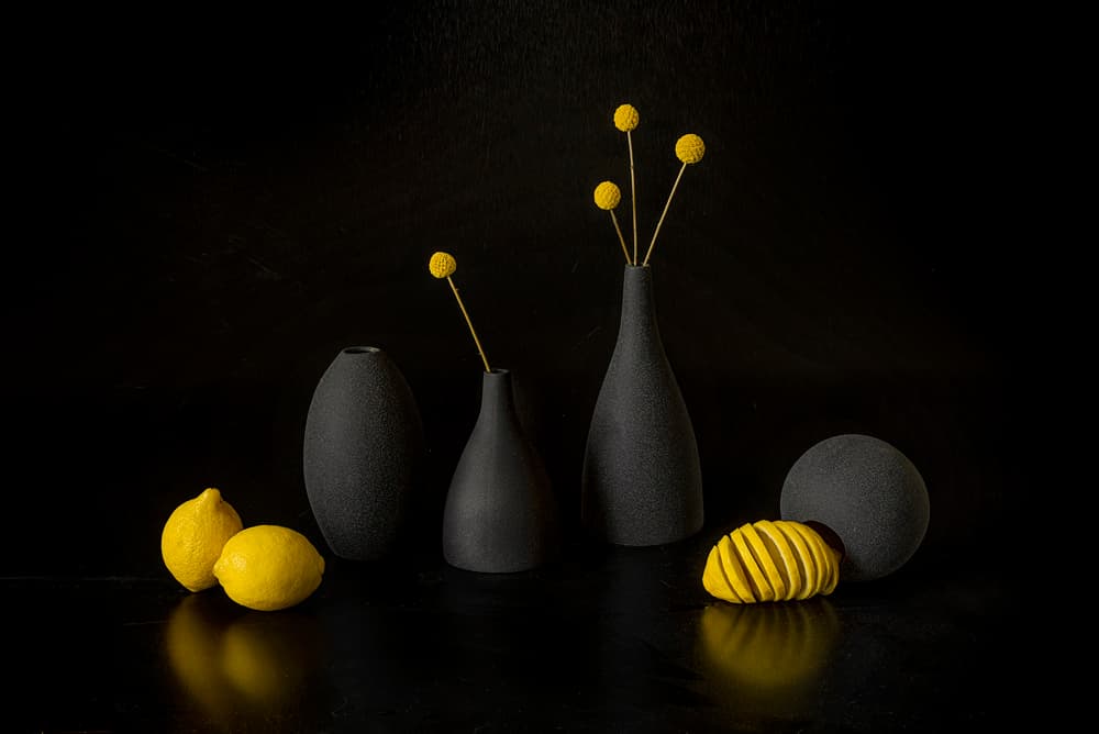 Yellow Lemons Black Vases by Lydia Jacobs — canvas wall art