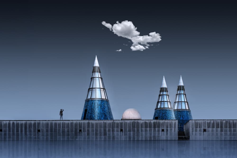 Lone Figure Blue Spires by fotomarion — canvas wall art