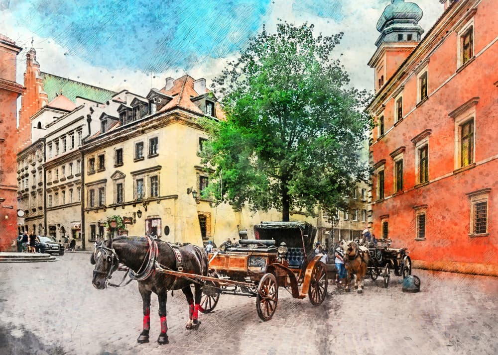 Old Town Carriages by Justyna Jaszke — canvas wall art