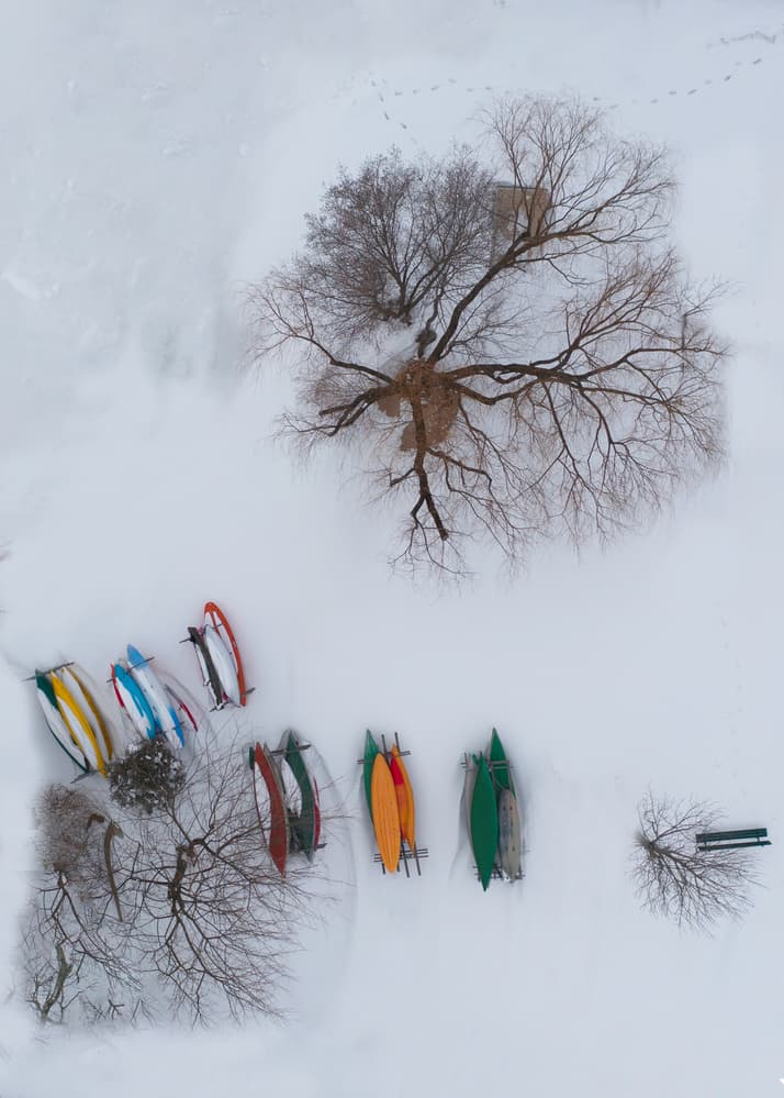 Colorful Boats Snow Landscape by Dennis Zhang — canvas wall art