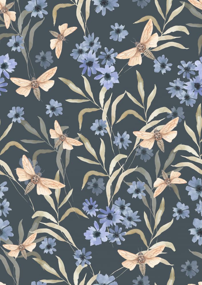 Dark Floral Moths by Linda Sitniece — canvas wall art