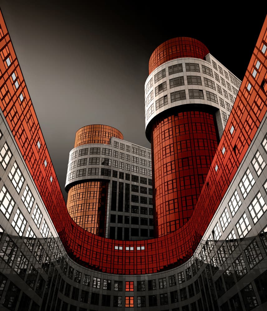 Curved Red Towers by Tomasz Buczkowski ( Tomush ) — canvas wall art