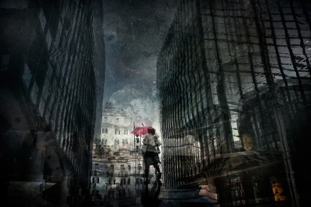 Red Umbrella City Rain by Antonio Grambone — canvas wall art