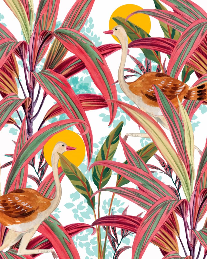 Vibrant Jungle Ostriches by Uma Gokhale — canvas wall art