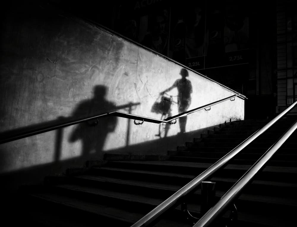 Mysterious Stairway Shadows by Mirela Momanu — canvas wall art