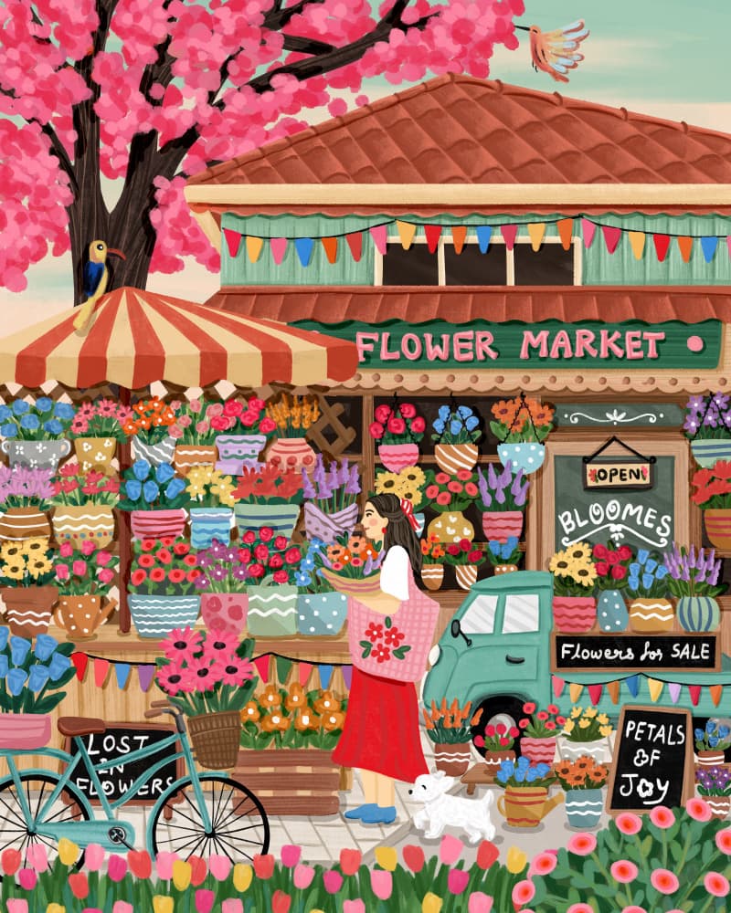 Colorful Flower Market Scene by Nidhi Kachhadiya — canvas wall art