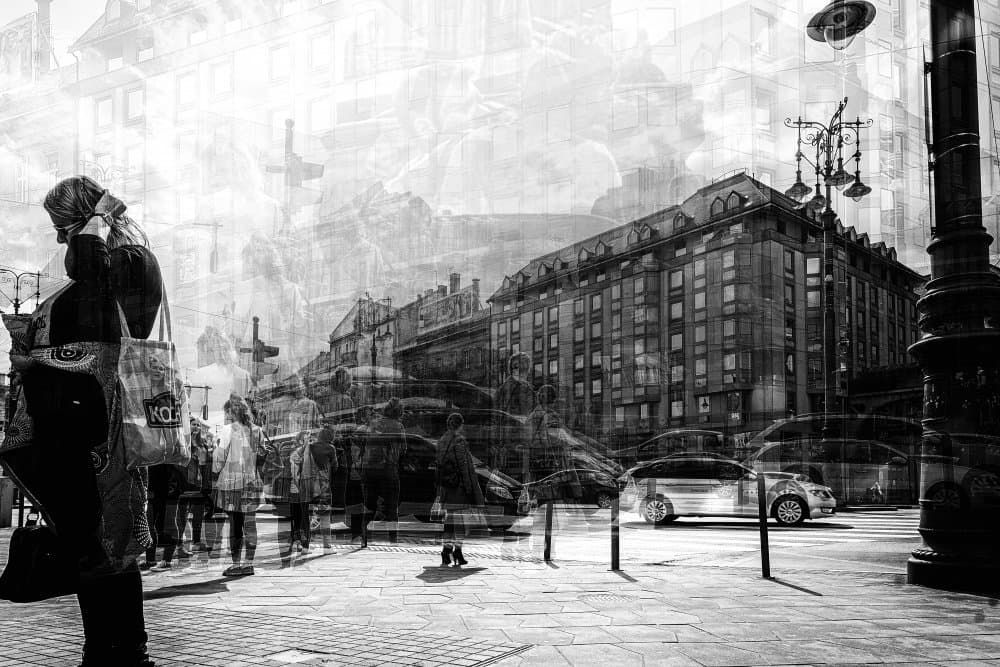 Monochrome Urban Layers by Michael — canvas wall art