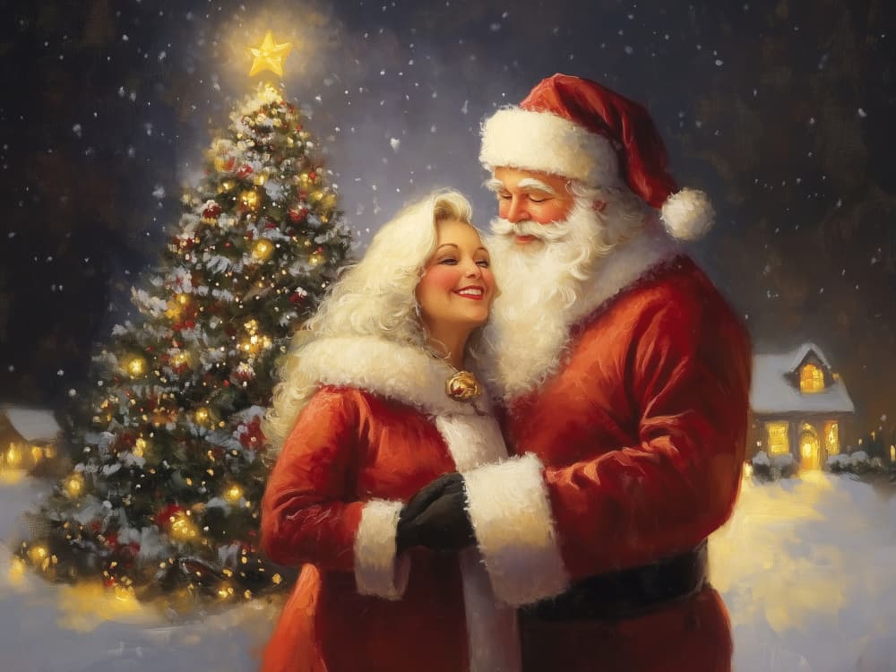 Santa and Mrs Claus Hug by Jolly and Dash — canvas wall art