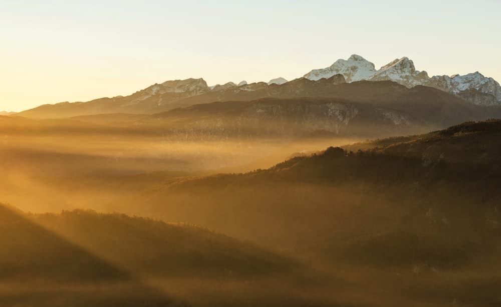 Golden Mist Mountain Sunrise by Ales Krivec — canvas wall art