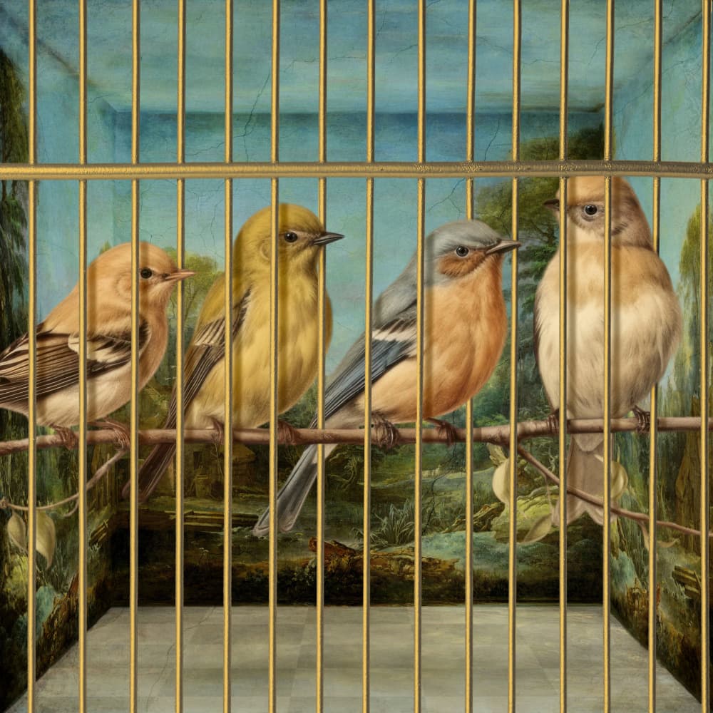 Finches In Golden Cage by Marja van den Hurk — canvas wall art
