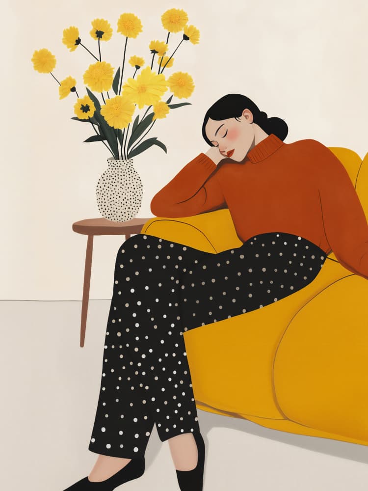 Relaxed Woman Yellow Sofa by Annika Persson — canvas wall art