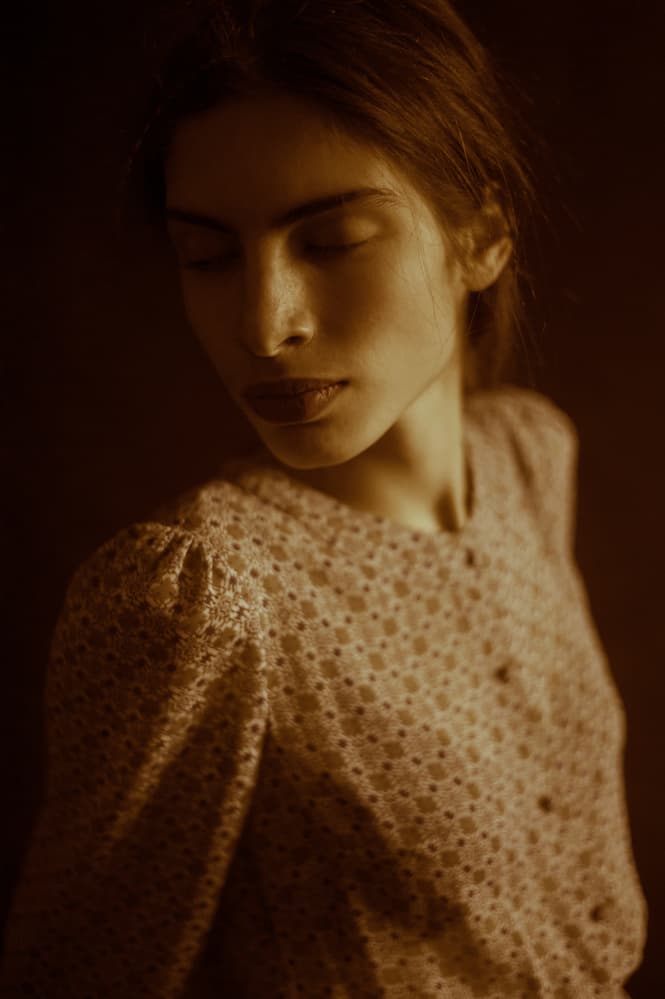 Contemplative Sepia Beauty by Barbora Biňovcová — canvas wall art