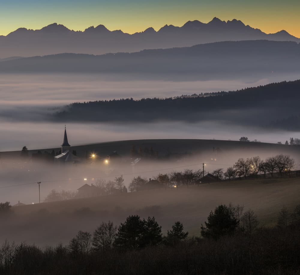 Misty Mountain Village Dawn by Peter Hrabinsky — canvas wall art