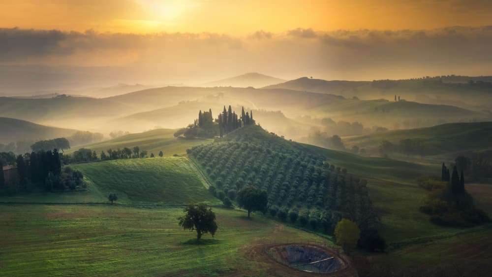Misty Tuscan Sunrise by Jianping Yang — canvas wall art