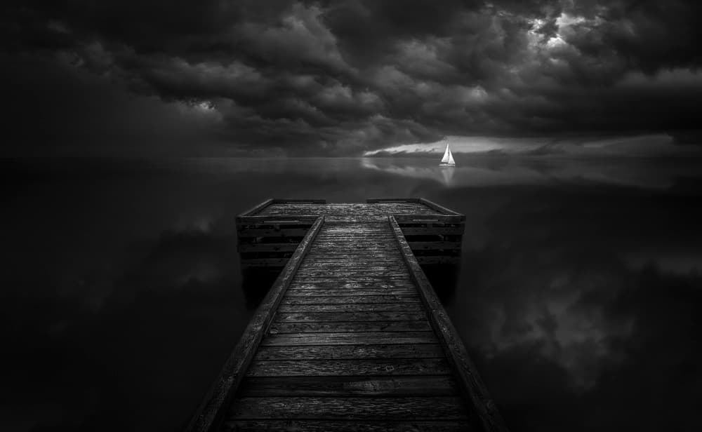 Moody Pier And Sailboat by Larry Deng APA — canvas wall art