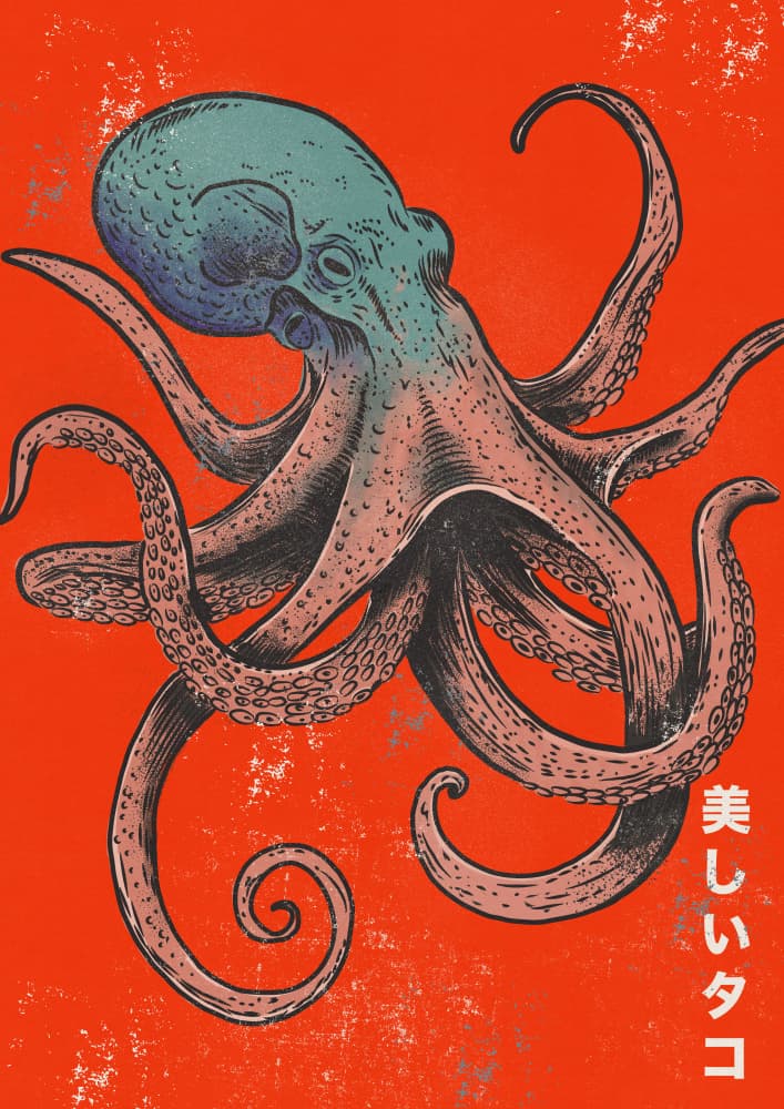 Red Japanese Octopus by Nicholas — canvas wall art