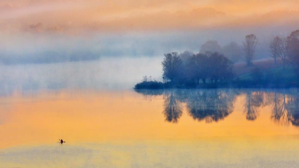 Misty Lake Kayak Sunrise by Eric Zhang — canvas wall art