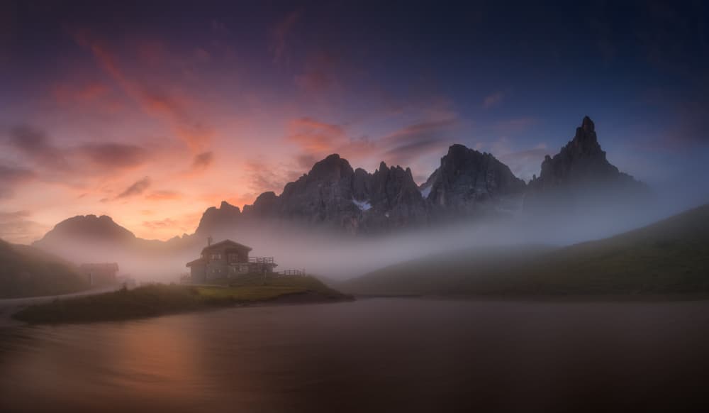 Misty Mountain Twilight Hut by Tomasz Rojek — canvas wall art