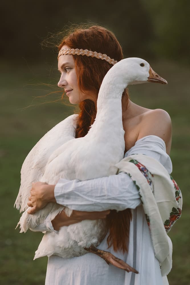 Serene Woman and Goose by Olga Barantseva — canvas wall art