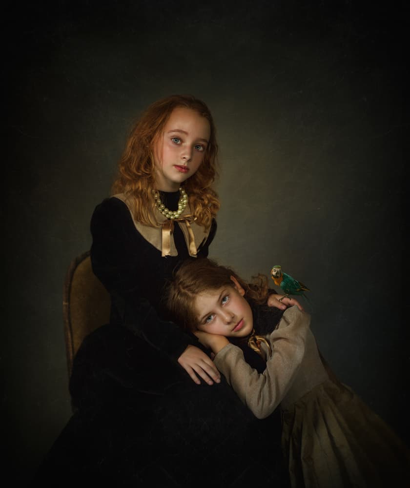 Two Sisters With Parrot by Svetlana Melik-Nubarova — canvas wall art