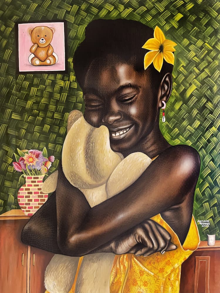 Joyful Girl with Teddy Bear by Ayotunde ayomide — canvas wall art