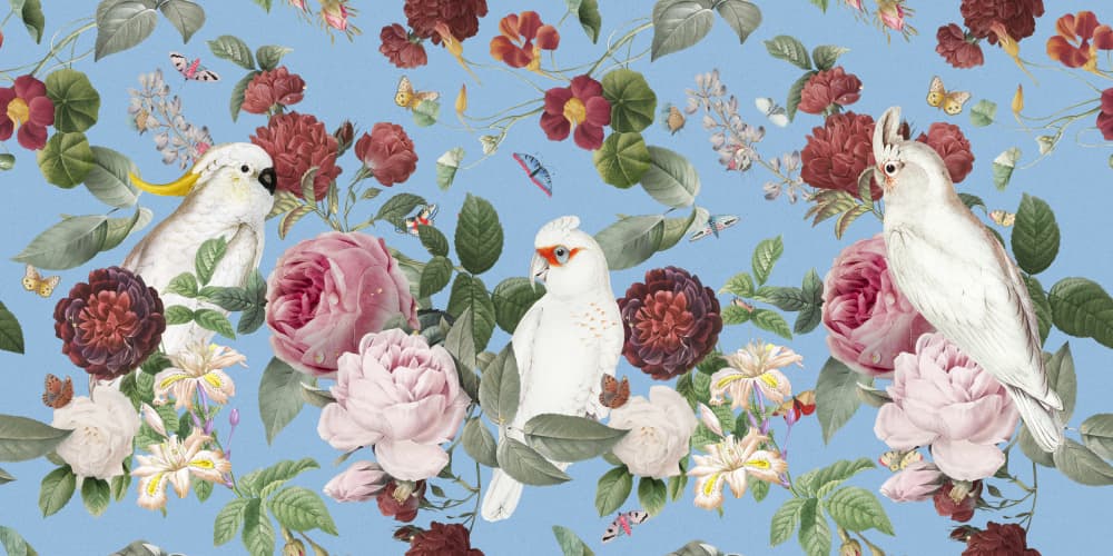 Blue Botanical Cockatoos by Marja van den Hurk — canvas wall art