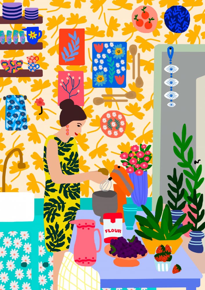 A Woman In A Kitchen With Flowers by Rafaela Mascaro — canvas wall art