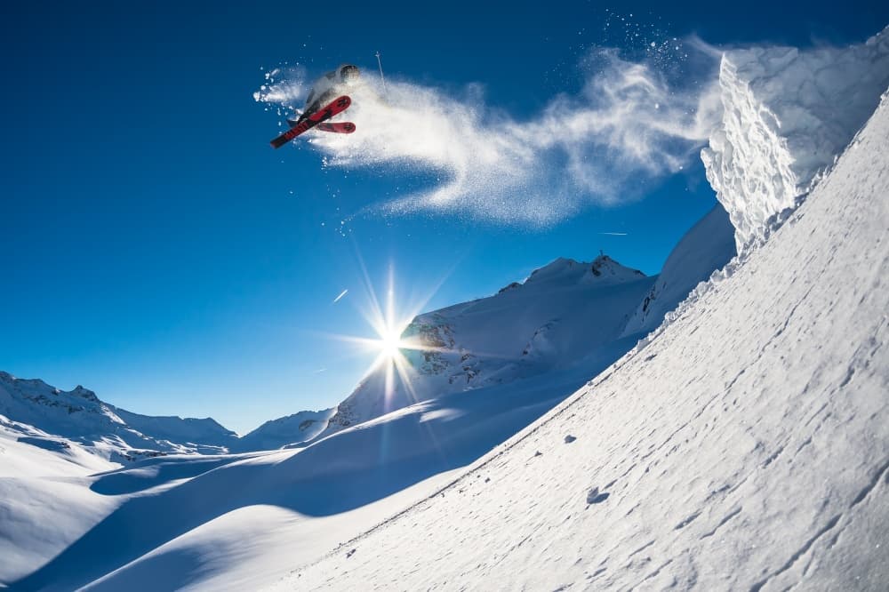 Skier's Mountain Flight by Tristan Shu — canvas wall art