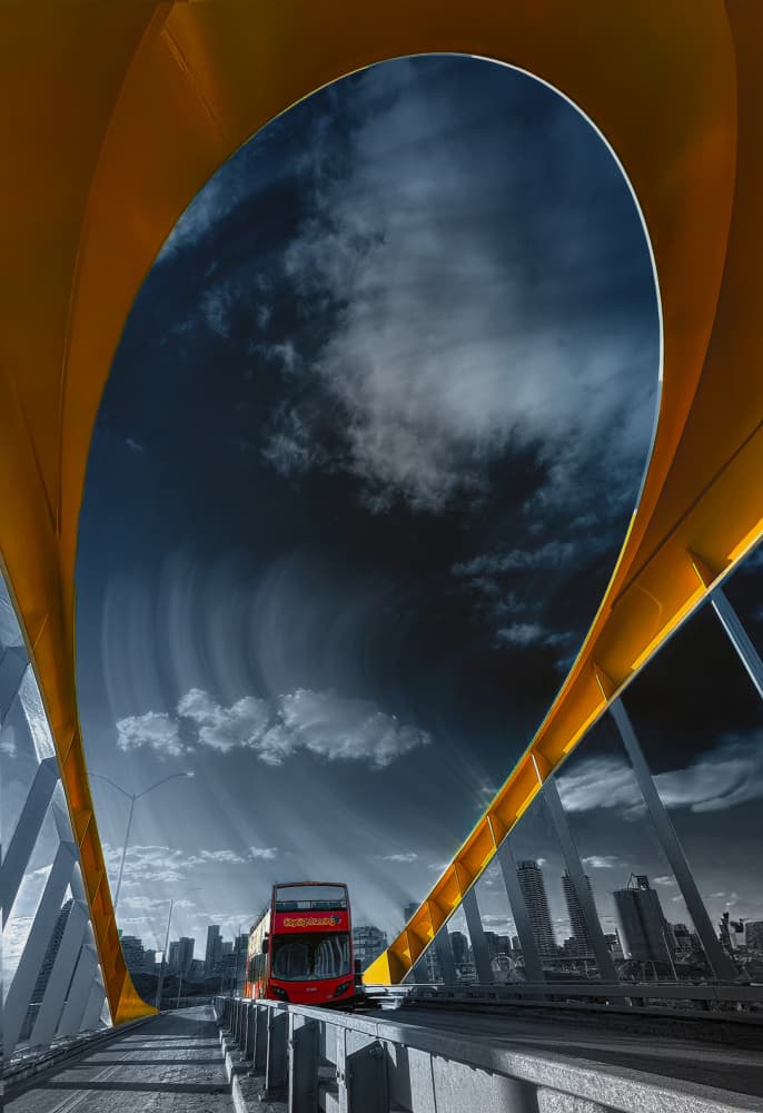 Golden Arch Red Bus by Molly Fu APA — canvas wall art