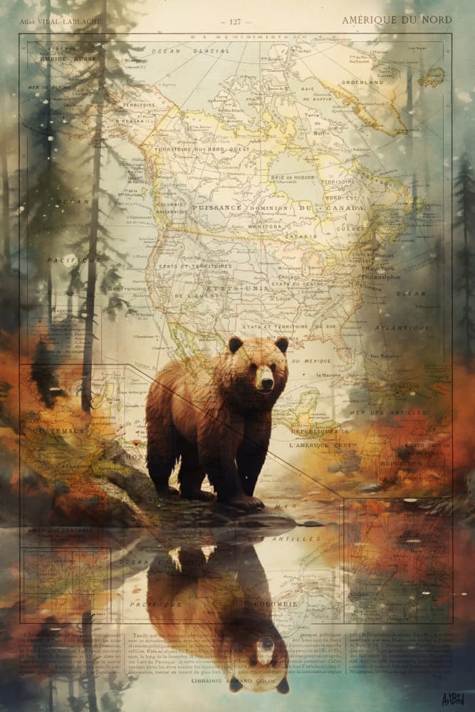 Grizzly Map Reflection by thomas chedeville — canvas wall art