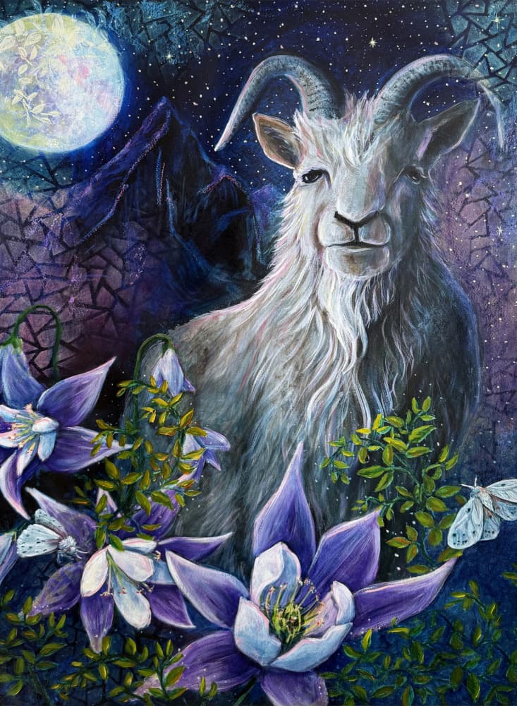 "Capricorn Season" Goat Full Moon and Columbine Flowers By Renee Machan by Renee Machan Cottagecore Artist — canvas wall art