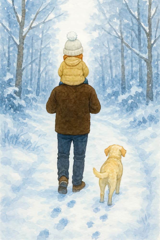 Children's Room Winter Walk With Dad and Dog In Snowy Forest by Natalie Bruns — canvas wall art