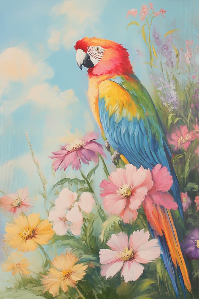Vibrant Macaw Garden by Melloi Art Prints — canvas wall art