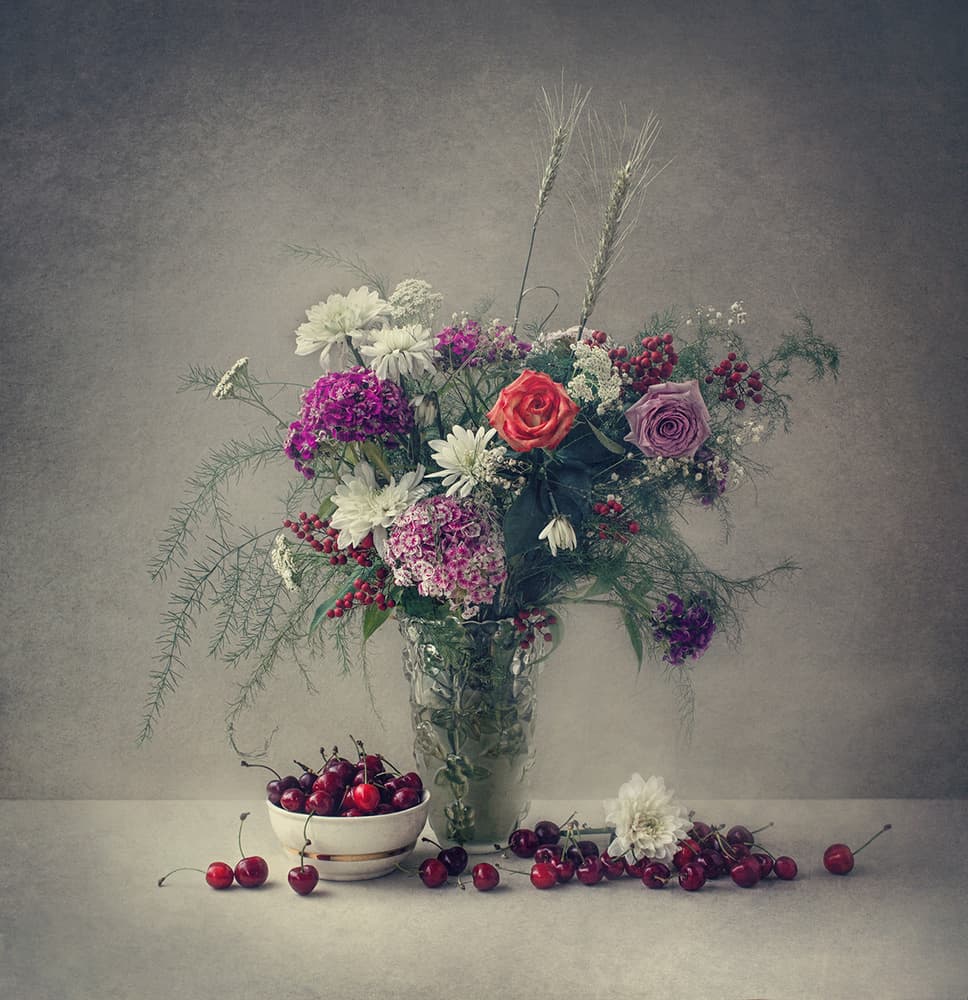 Vintage Floral and Cherries by Dimitar Lazarov - Dim — canvas wall art