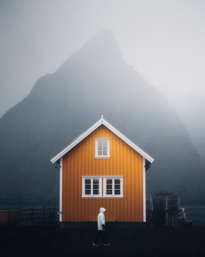 Foggy Mountain Yellow House by David George — canvas wall art