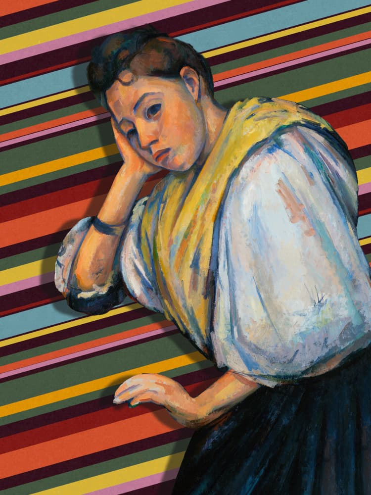 Pensive Woman Colorful Stripes by Marja van den Hurk — canvas wall art