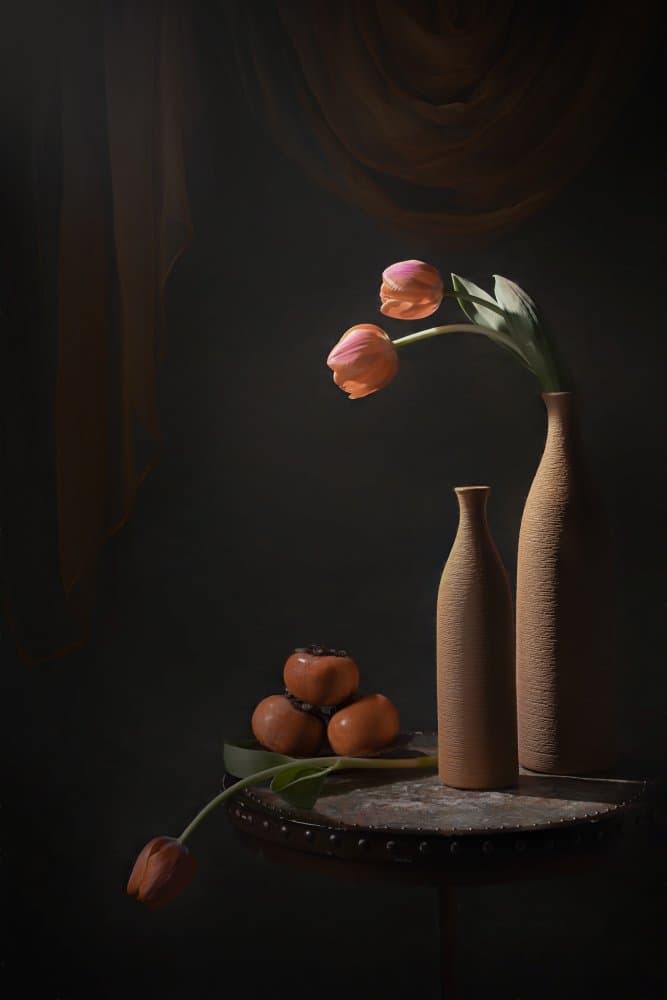 Moody Tulips and Fruit by Lydia Jacobs — canvas wall art