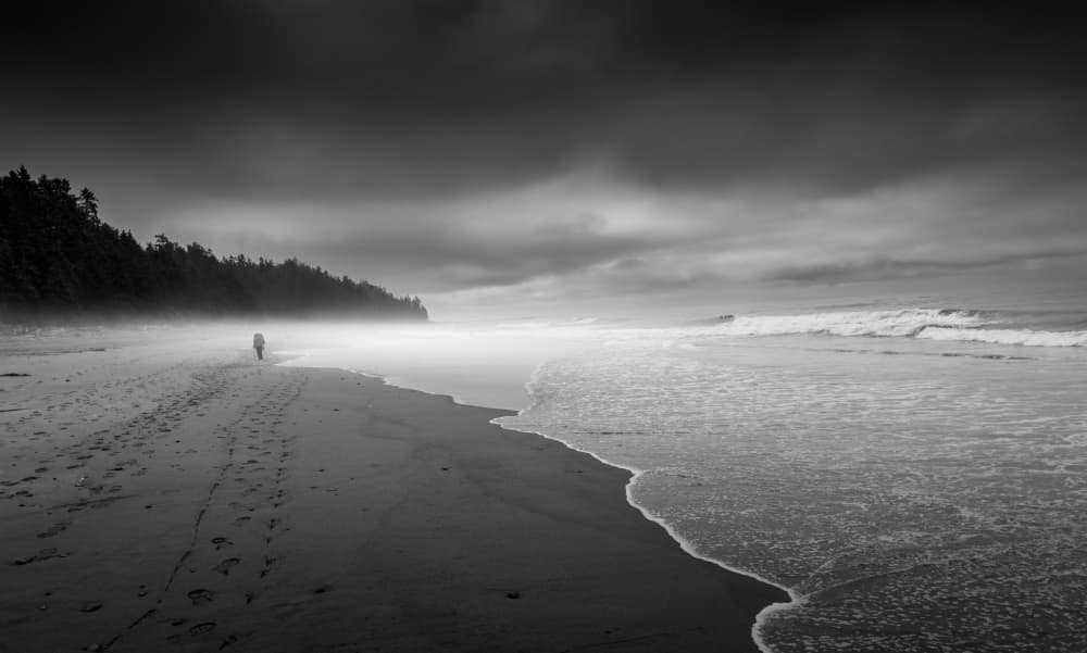 Misty Beach Walk by Bing Li — canvas wall art